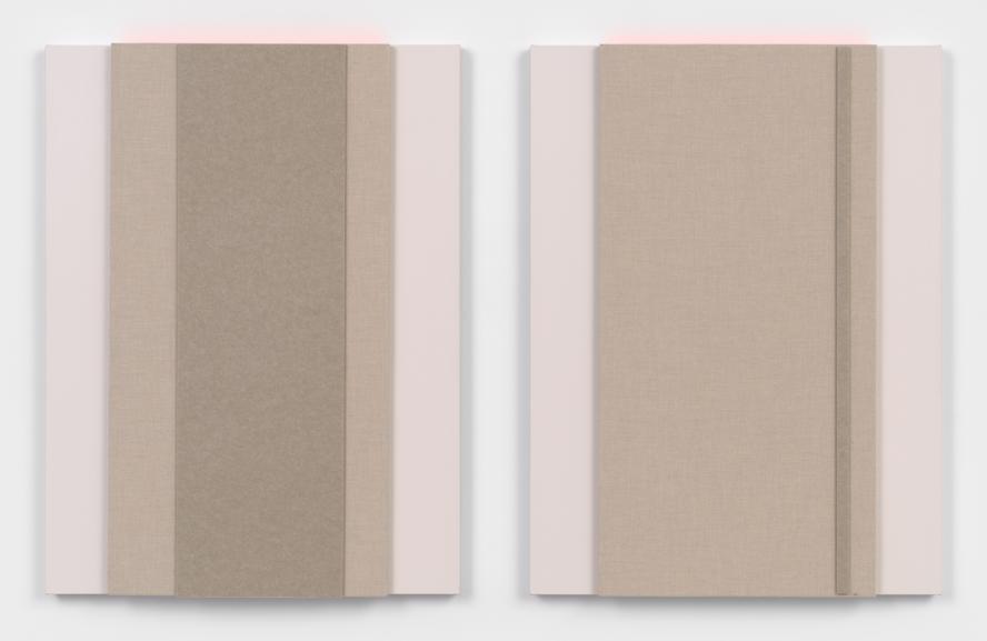 Jennie C. Jones, Neutral [clef] Structure 1st & 2nd, 2021. Acoustic panel and acrylic on canvas, diptych, 121.9 × 91.4 × 8.9 cm each. © Jennie C. Jones, courtesy Alexander Gray Associates, New York, and Patron Gallery, Chicago