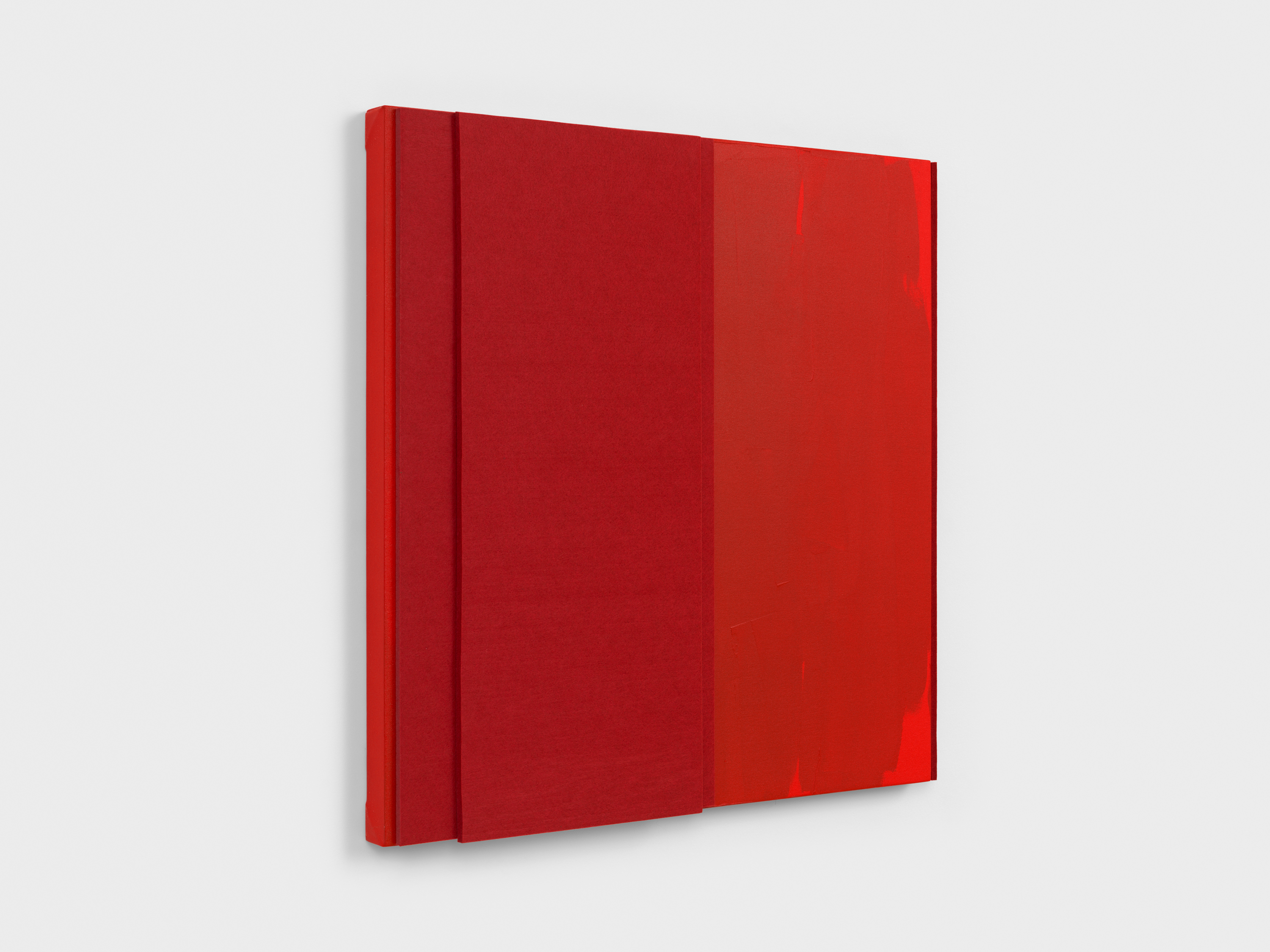 Jennie C. Jones, Red Tone Burst #2, 2021. Architectural felt panel and acrylic on canvas, 77.5 × 76.2 × 6.3 cm. © Jennie C. Jones, courtesy Alexander Gray Associates, New York, and Patron Gallery, Chicago