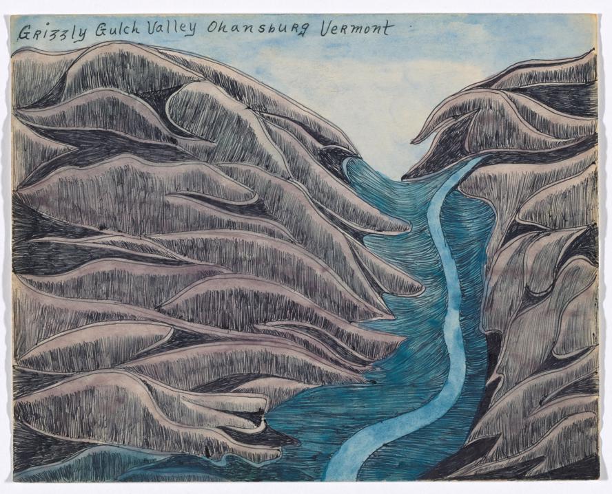 Joseph E. Yoakum (American, 1891 – 1972). Grizzly Gulch Valley Ohansburg Vermont, n.d.. Black ballpoint pen and watercolor on paper. 7 7/8 × 9 7/8″ (20 × 25.1 cm). Gift of the Raymond K. Yoshida Living Trust and Kohler Foundation, Inc. 1793.2012. Photo: Robert Gerhardt.