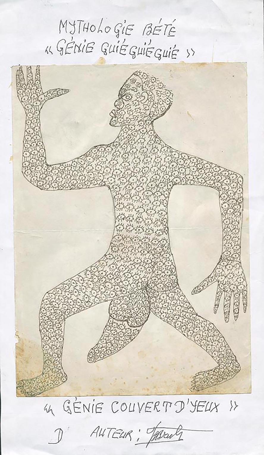 Frédéric Bruly Bouabré. Mythologie Bété « Génie guié guié guié » « Génie couvert d’yeux ». c. 1980. Ballpoint pen on laminated paper on cardboard, 16 ½ × 9 ⅝” (41.9 × 24.4 cm). Private collection, Paris. Courtesy André Magnin. © 2022 Family of Frédéric Bruly Bouabré