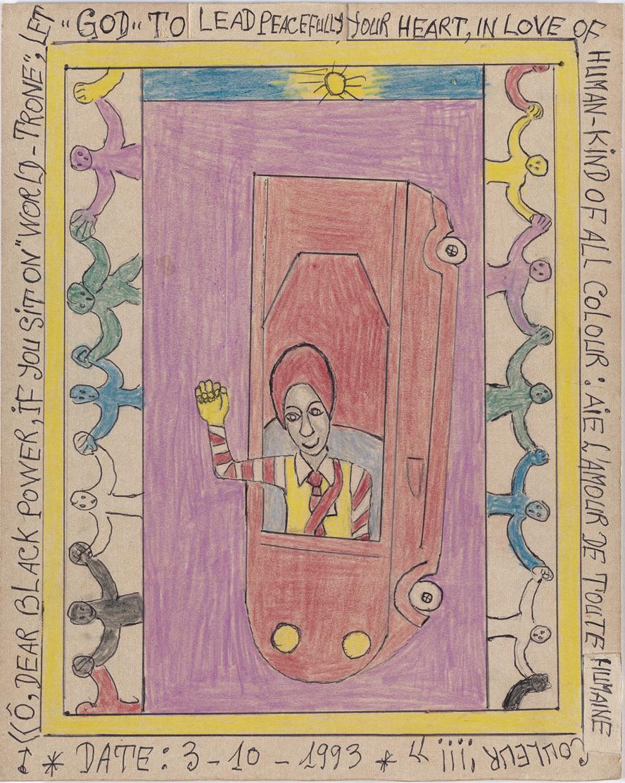 Frédéric Bruly Bouabré. « Ô, Dear black power, if you sit on “world‑trone”, let “God” to lead peacefully your heart, in love of human‑kind of all colour: Aie l’amour de toute humaine couleur!!!! » from Connaissance du monde. 1993. Colored pencil, pencil, and ballpoint pen on board, 11 ⅞ × 9 ½” (30.1 × 24.2 cm). The Museum of Modern Art, New York. The Jean Pigozzi Collection of African Art. © 2022 Family of Frédéric Bruly Bouabré