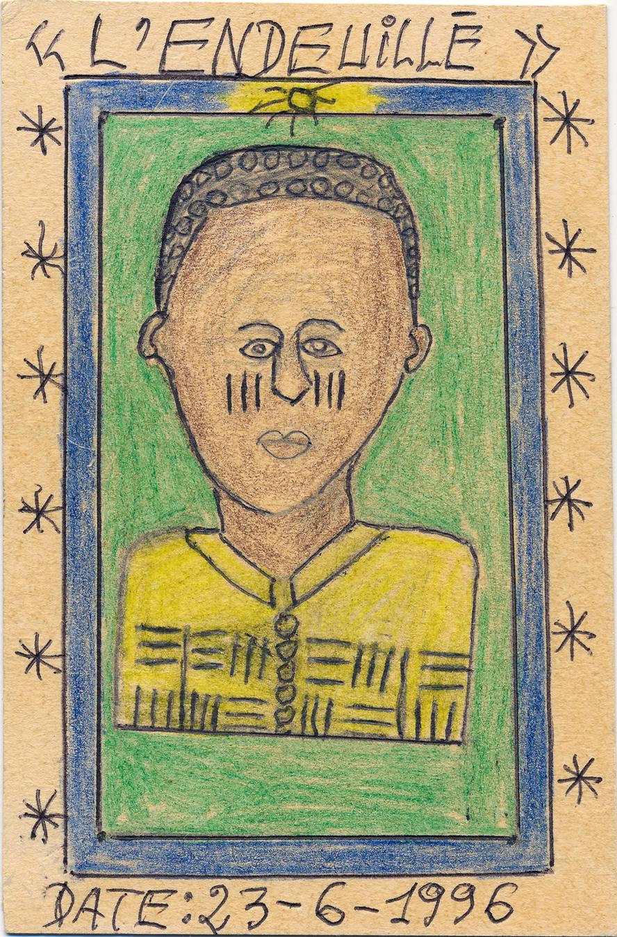 Frédéric Bruly Bouabré. « L’endeuillé » from Musée du visage africain. 1996. Ballpoint pen and colored pencil on cardboard, 5 7/8 × 3 15/16″ (15 × 10 cm). The Jean Pigozzi Collection of African Art. © 2022 Family of Frédéric Bruly Bouabré