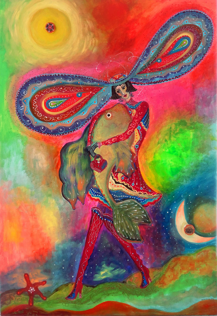 mostra-roma----energon-di-renata-solimini---immagini-Lady_Infinite_and_her_Love_Fish_2017_acrilico,_olio_e_collage_su_legno_83x57.jpg