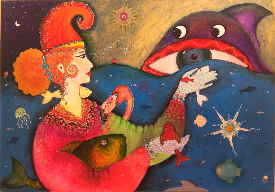 mostra-roma----energon-di-renata-solimini---immagini-The_Sea_Deity_waiting_for_the_Shark_2016_acrylic_oil_and_collage_on_canvas_70x100.jpg