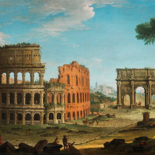 ANTONIO JOLI  (Modena, 1700 – Napoli, 1777)  Il Colosseo e l’Arco di Costantino con pittore  1744 circa olio su tela cm 121,5 x 186,5  Collezione Gastaldi Rotelli