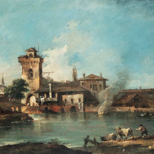 FRANCESCO GUARDI  (Venezia, 1712 – 1793)  Capriccio con torre rustica e velieri 1760-1770 circa olio su tela cm 43 x 69  Collezione Gastaldi Rotelli